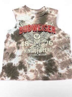 Budweiser King of Beers Tie-Dye Muscle Tee Tank Top Brown Cream Graphic L